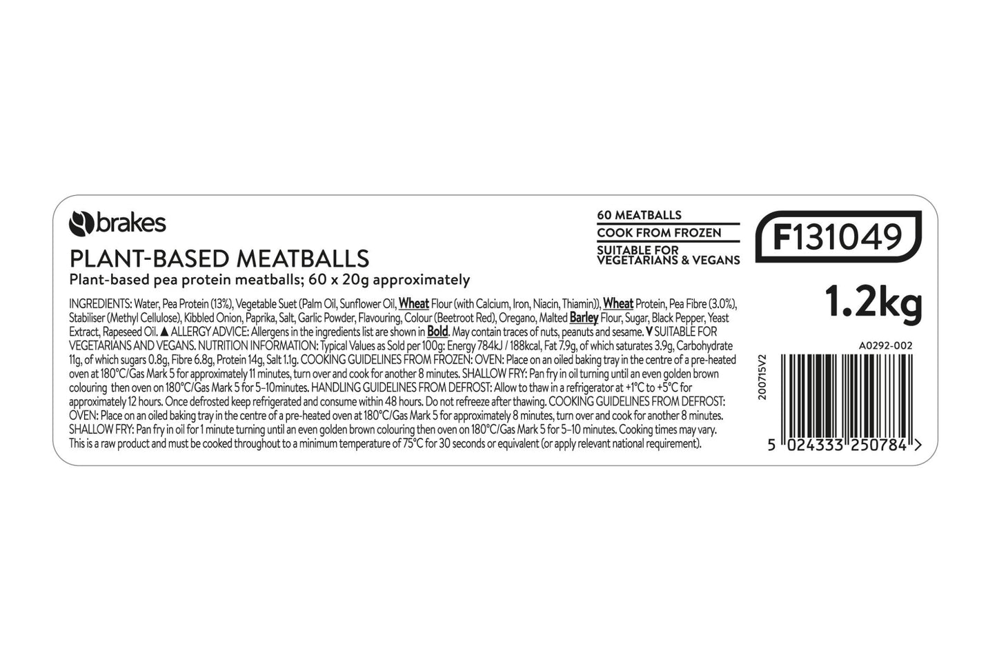 Brakes Plant-Based Meatballs 60 x 20g Ready Meals Asetena Pa