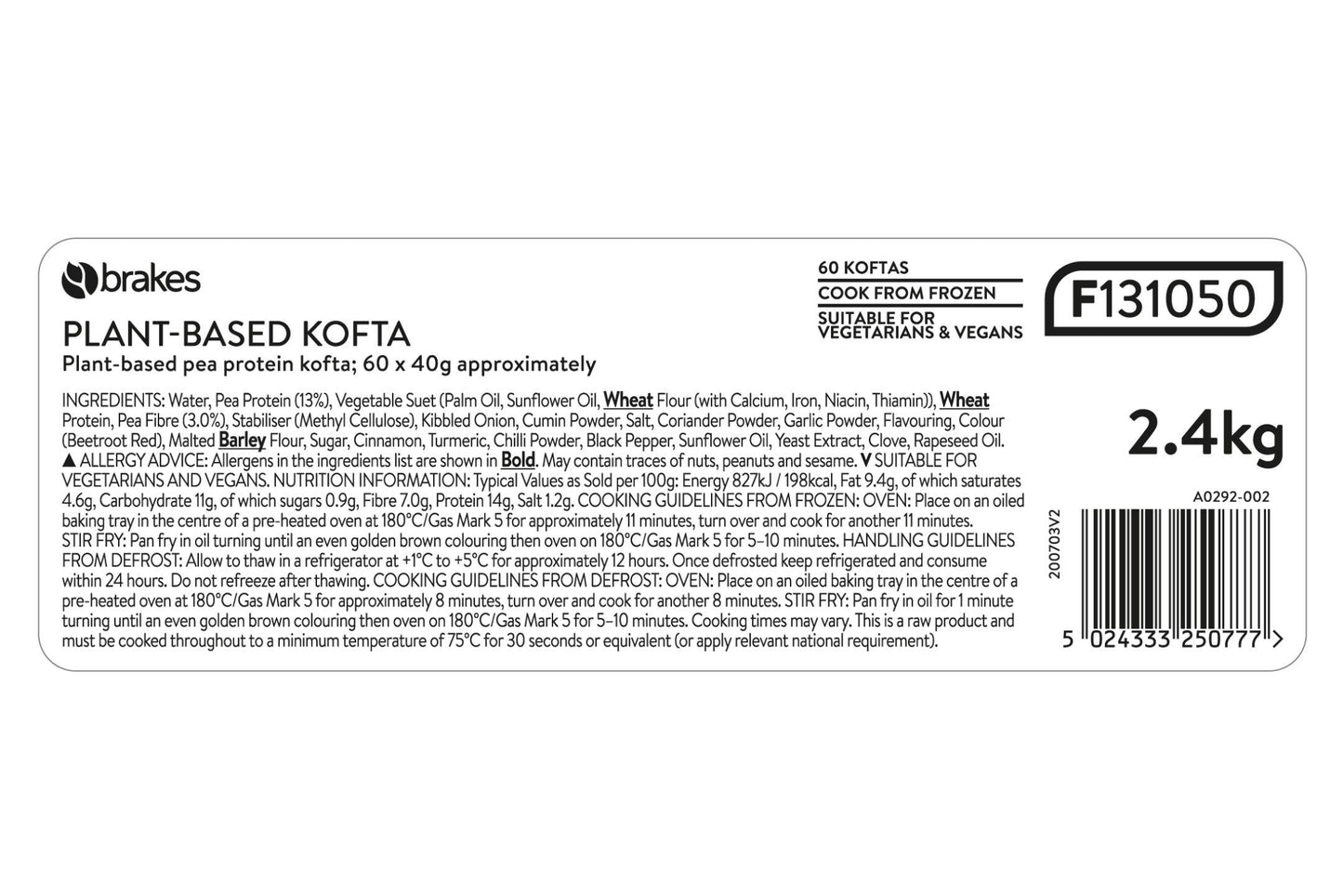 Brakes Plant-Based Kofta 60 x 40g Ready Meals Asetena Pa