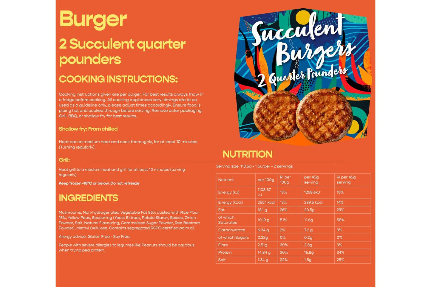 Myco Hooba Plant-Based Quarter Pounder Burgers 113g 16 x 113g Ready Meals Asetena Pa