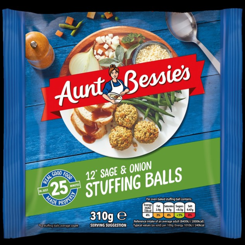 Aunt Bessies Sage & Onion Stuffing Ball UNIT 6x260g . Packed 2 units to a case.
Unit Weight: 1.86 Kilos.