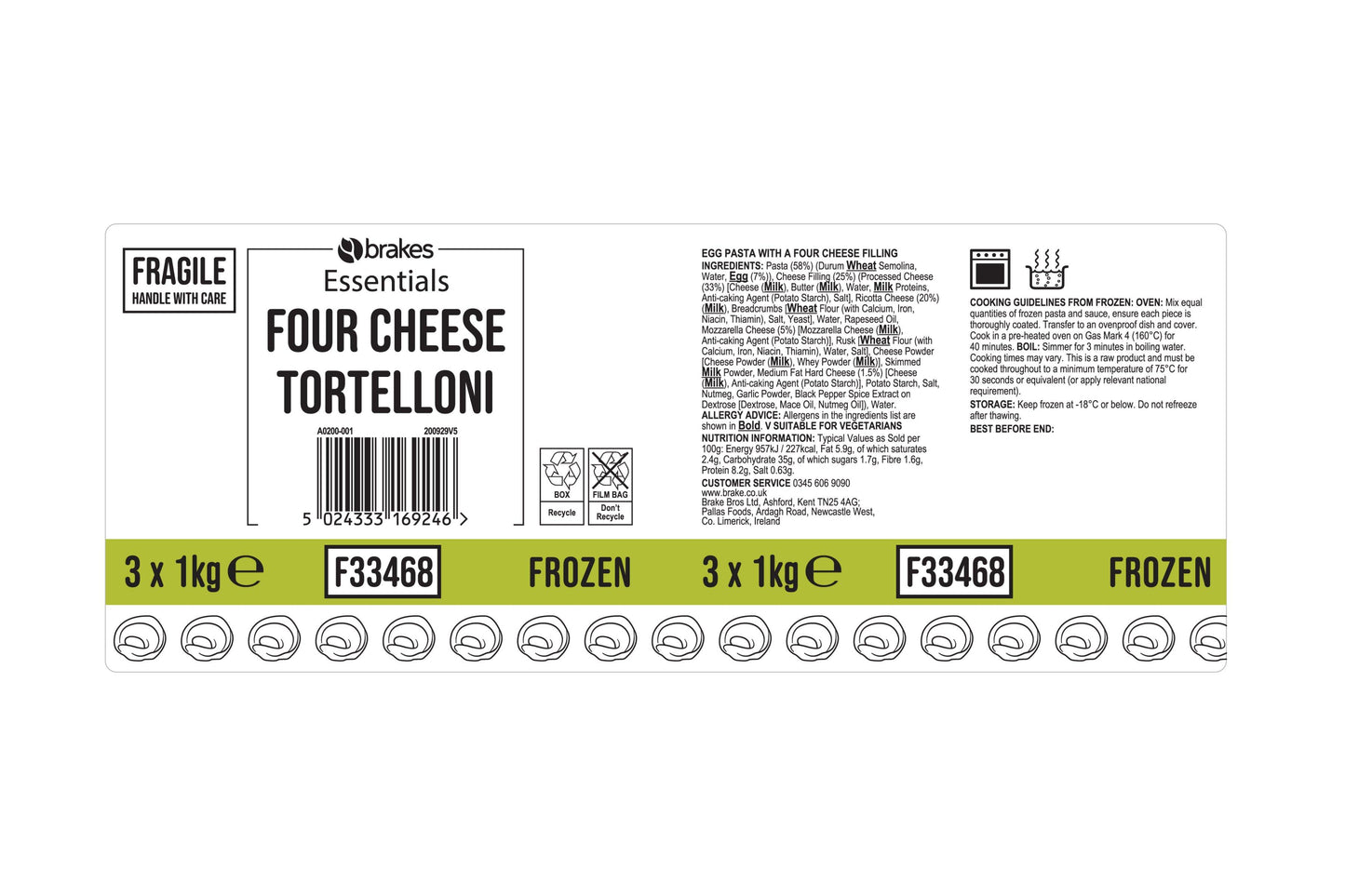 Brakes Essentials Four Cheese Tortelloni 3 x 1kg Ready Meals Asetena Pa