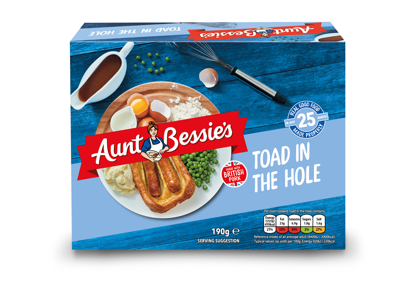 Aunt Bessie Toad in the hole UNIT 6x190g . Packed 2 units to a case.
Unit Weight: 1.46 Kilos.