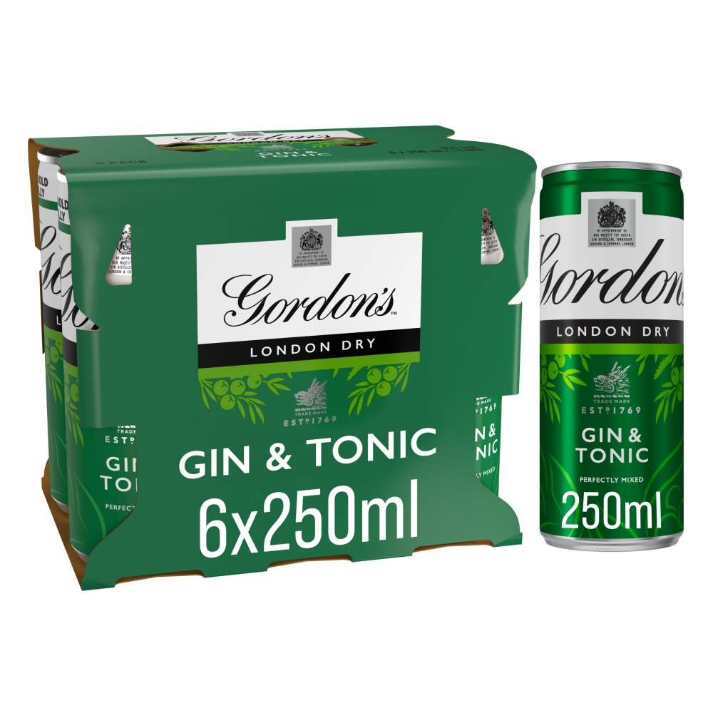 Gordon's London Dry Gin & Tonic Ready To Drink 5% vol 6x250ml Cans 250ml × 4 × 1