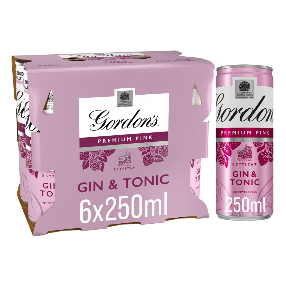 Gordon's Premium Pink Gin & Tonic Ready To Drink 5% vol 6x250ml Cans 250ml × 4 × 1