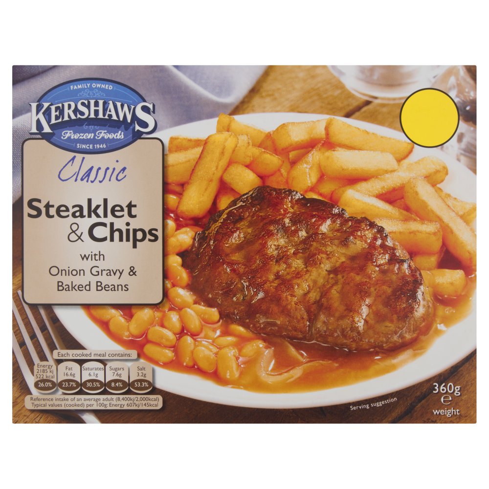 Kershaws Classic Steaklet & Chips with Onion Gravy & Baked Beans 360g 360g × 1