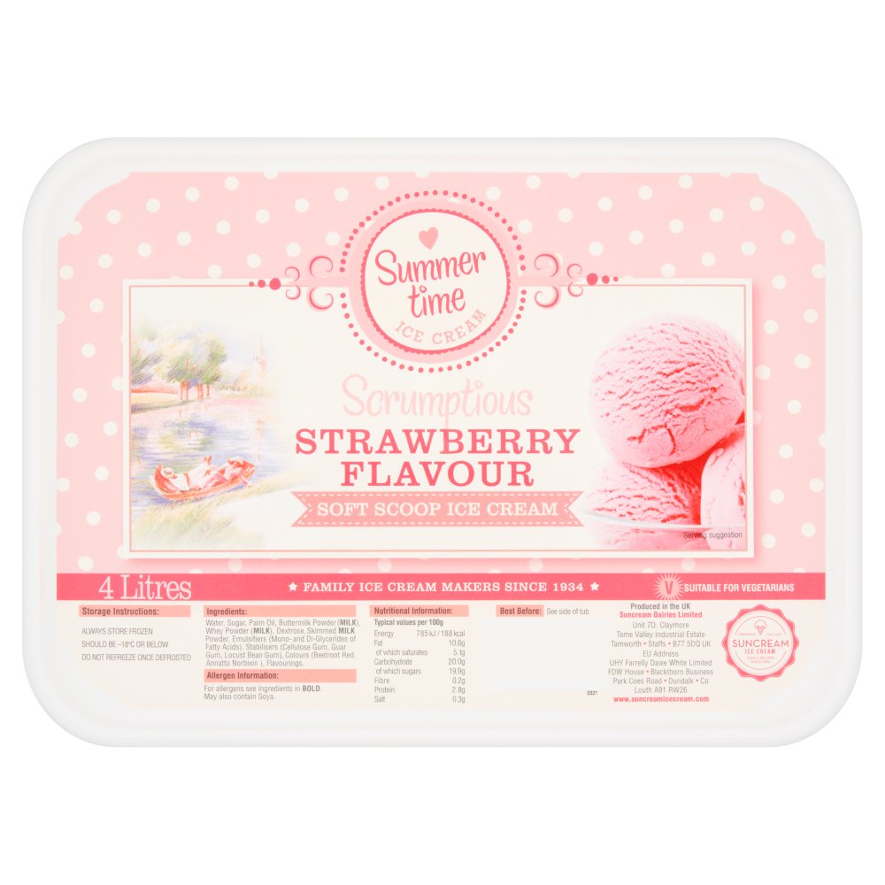 Suncream Summer Time Scrumptious Strawberry Flavour Soft Scoop Ice Cream 4 Litres M4Ltr × 1