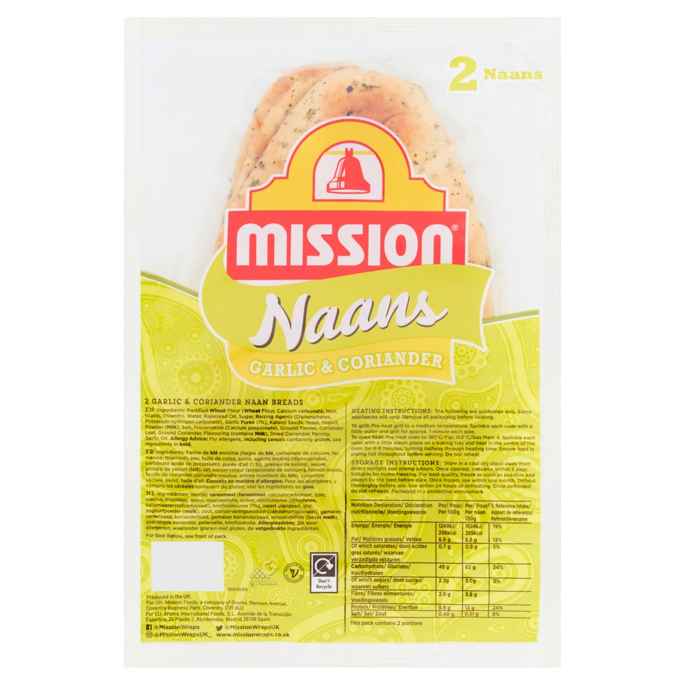 Mission 2 Garlic & Coriander Naan Breads 2pk × 6