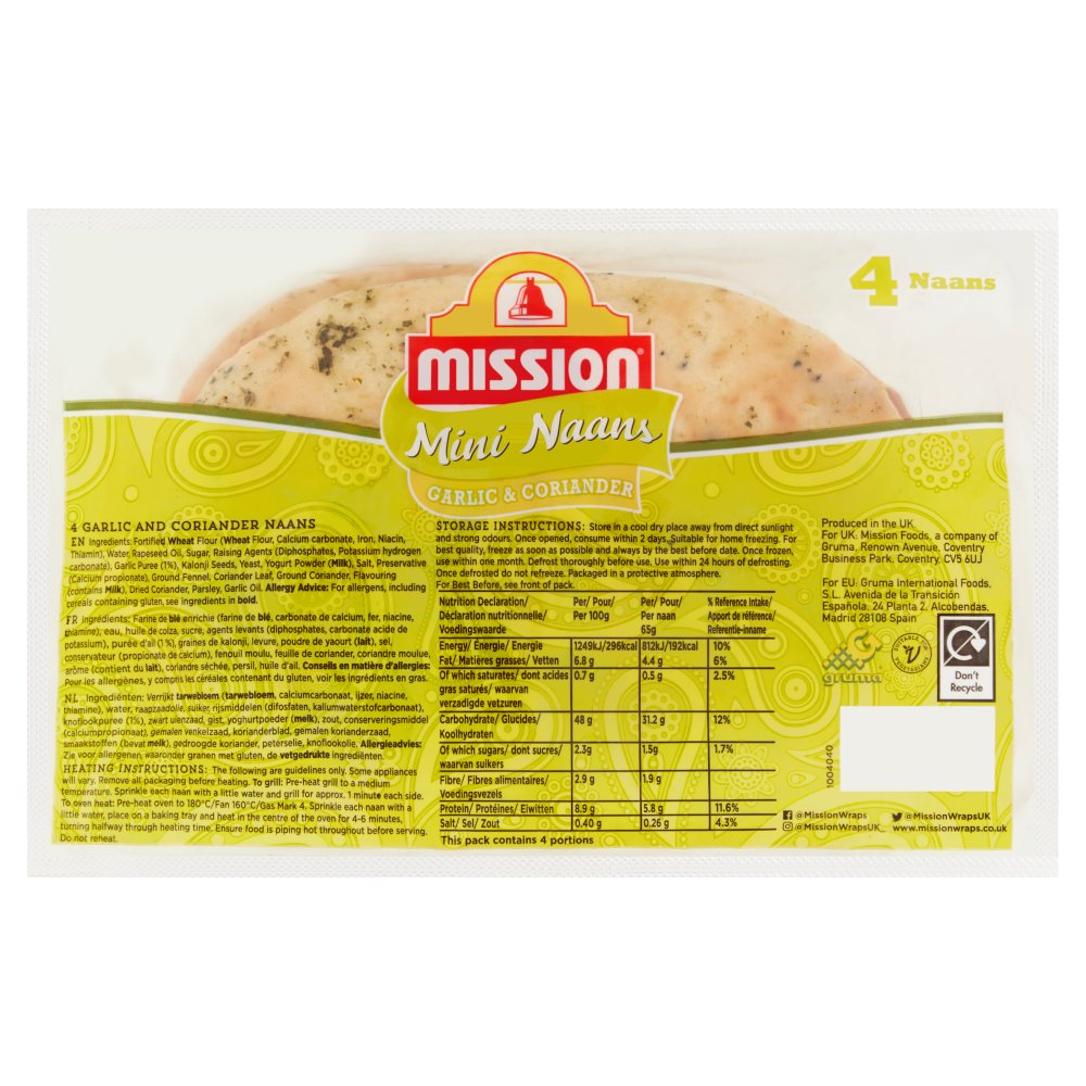 Mission 4 Mini Naans Garlic & Coriander 4pk × 6