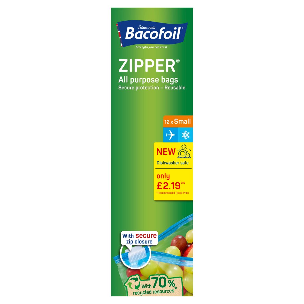 Bacofoil Zipper All Purpose Bags 12x Small 20 x 15cm 12s × 1