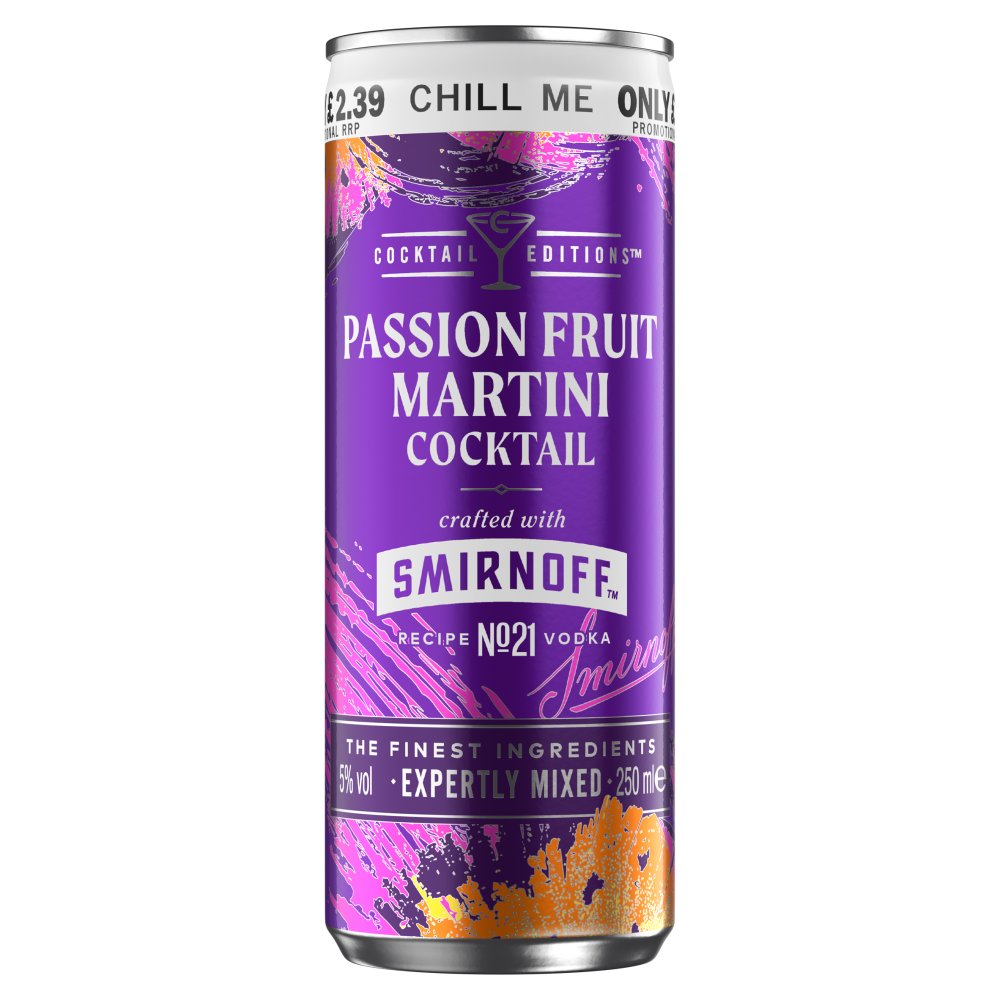 Smirnoff Passionfruit martini cocktail 5% vol 250ml Can PMP £2.39 250ml × 12 × 1