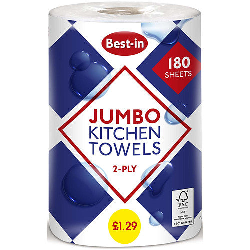 Bestin Jumbo Kitchen Towel 2ply White PM £1.29 1Roll × 6 × 1