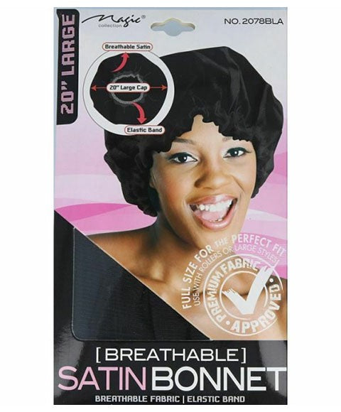 MAGIC COLLECTION BREATHABLE SATIN BONNET 2078BLA Large Durags and Caps Asetena Pa