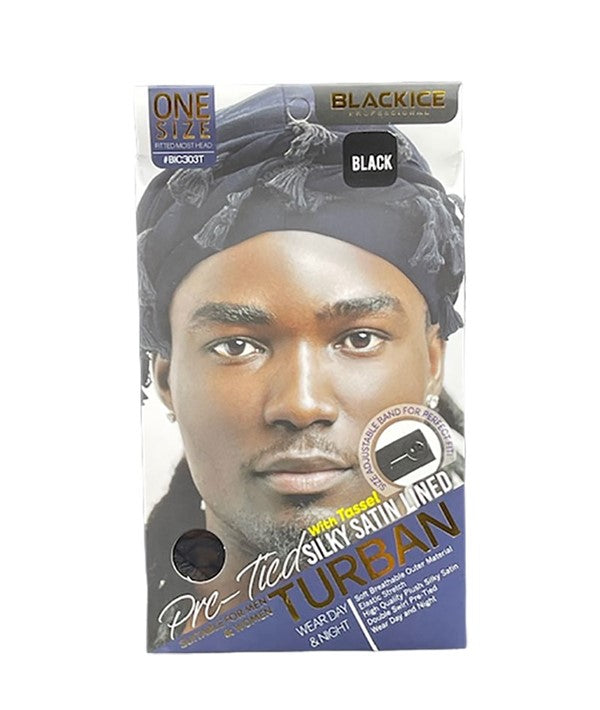 BLACKICE PROFESSIONAL PRE TIED SILKY SATIN LINED TURBAN Color Black Durags and Caps Asetena Pa