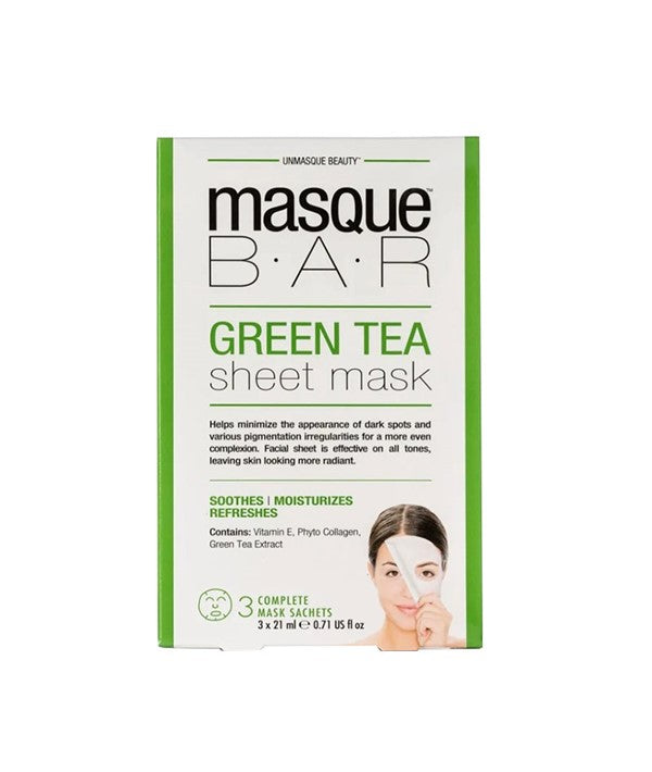 MASQUE BAR GREEN TEA SHEET MASK 3 x 21 ml Skin Wash Asetena Pa