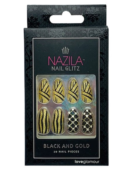 NAIL GLITZ LOVE GLAMOUR BLACK AND GOLD 20 Nails Nails Asetena Pa