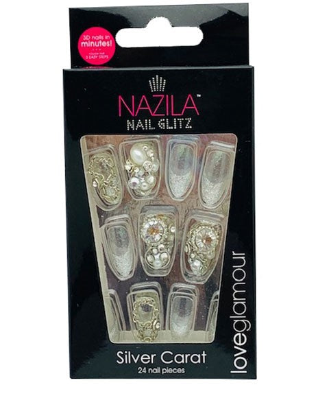 NAIL GLITZ LOVE GLAMOUR SILVER CARAT 24 Nails Nails Asetena Pa