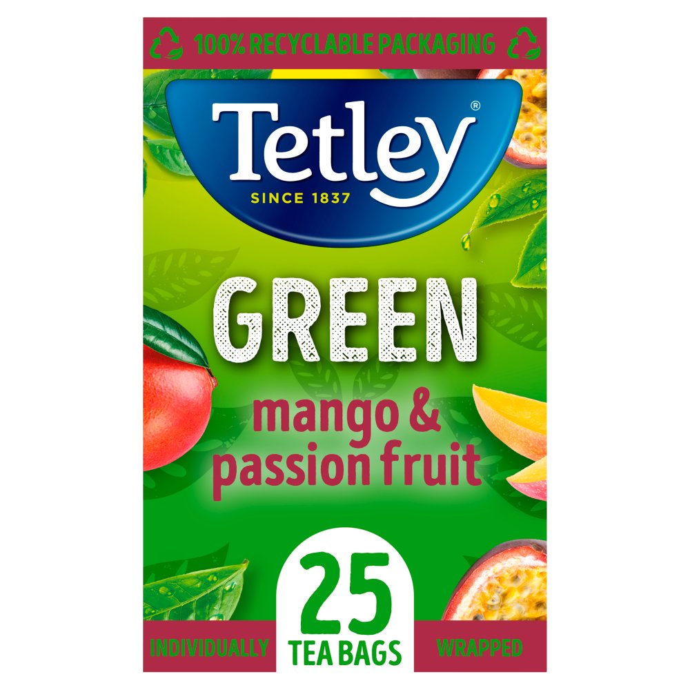 Tetley Green Mango & Passion Fruit 25 Compostable Tea Bags 50g-Food