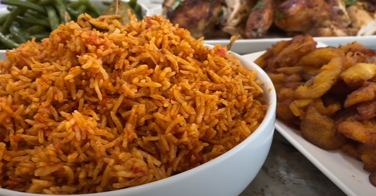 Jollof, Kelewele (Spiced Fried Plantain), Baked Chicken and Green Beans