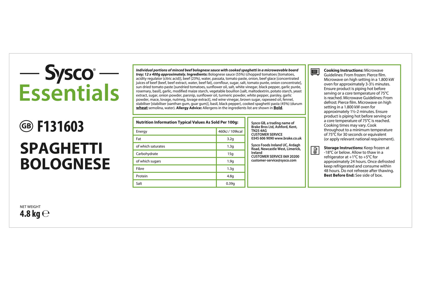 Sysco Essentials Spaghetti Bolognese 12 x 400g Ready Meals Asetena Pa 