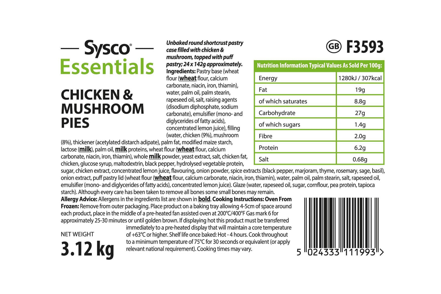 Sysco Essentials Chicken & Mushroom Pies 24 x 142g Ready Meal Bundles Asetena Pa Sysco Essentials Chicken & Mushroom Pies 24 x 142g Frozen Meal