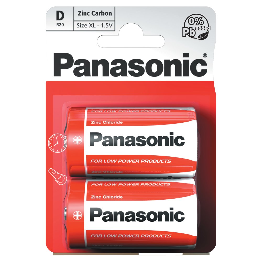 Panasonic D 1.5V Zinc Carbon Batteries x 2pk   Sgl × 12 × 1