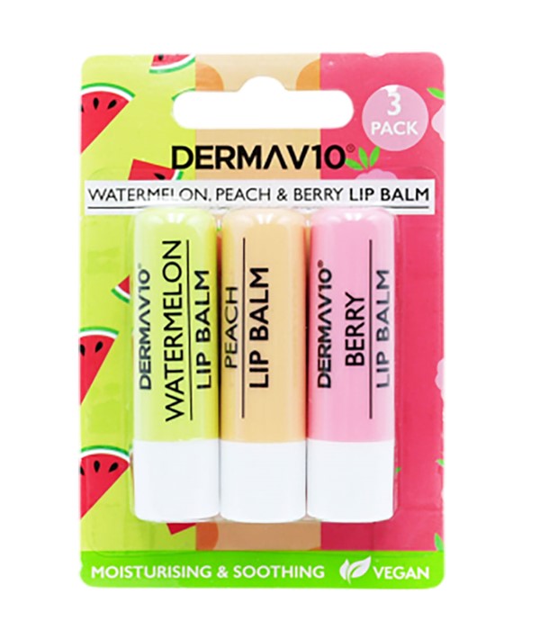 DERMA V10 3 PACK WATERMELON PEACH AND BERRY LIP BALM Lips Asetena Pa 