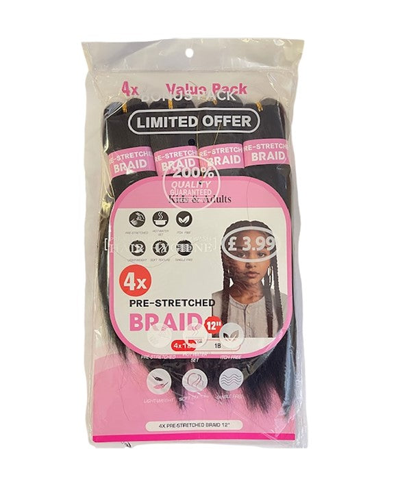 KIDS AND ADULTS 4X PRE STRETCHED BRAID 4 x 12'' Color 1B Hair for Braid Extensions Asetena Pa 