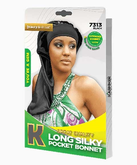 BEAUTY AMBITION GREAT QUALITY LONG SILKY POCKET BONNET 7313  Color Black Durags and Caps Asetena Pa 