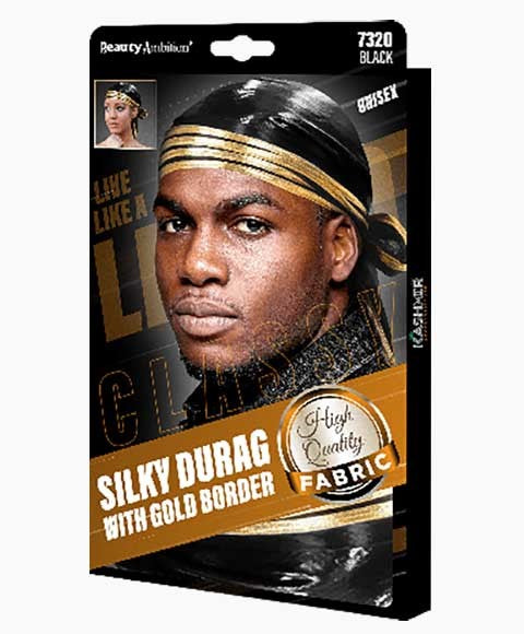 BEAUTY AMBITION CLASSY SILKY DURAG WITH GOLDEN BORDER 7320  Color Black Durags and Caps Asetena Pa 