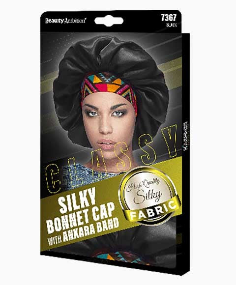 BEAUTY AMBITION CLASSY SILKY BONNET CAP WITH ANKARA BAND 7367  Color Black Durags and Caps Asetena Pa 