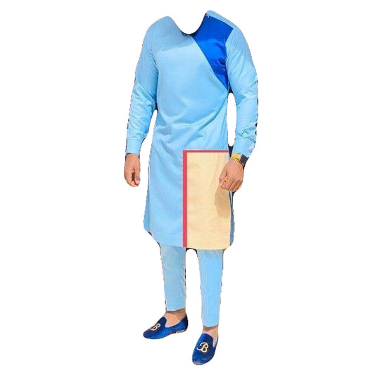 African Wear Men's Long Sleeve Sky Blue Multicolor Two Piece Set Printed Top Shirt With Matching Trouser