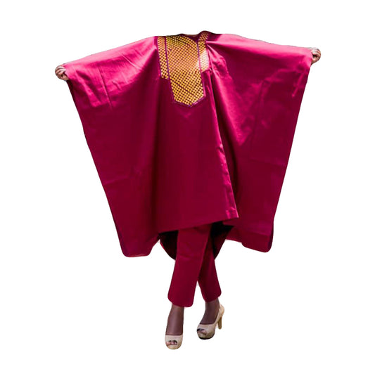 African Traditional Outfit Wear Men's Red two Pieces Set Long Sleeve Top with Trouser