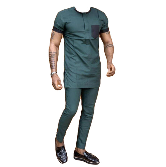 African Clothing Men's Two Piece Set Marble Blue Short Sleeve Top Shirt With Trouser