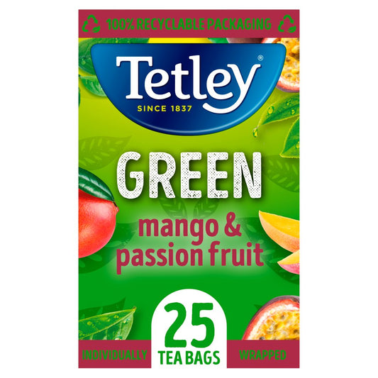 Tetley Green Mango & Passion Fruit 25 Compostable Tea Bags 50g-Food