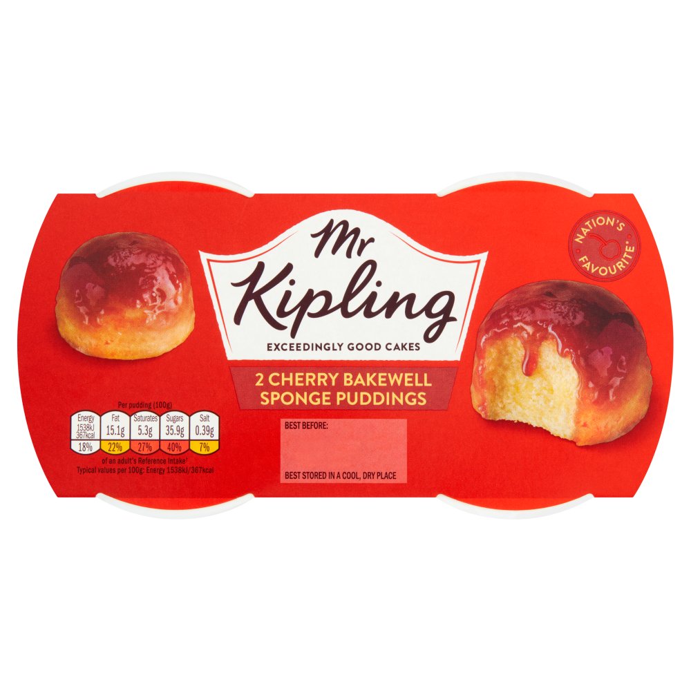 MASMr Kipling Cherry Bakewell Sponge Puddings 2 x 95g-Food