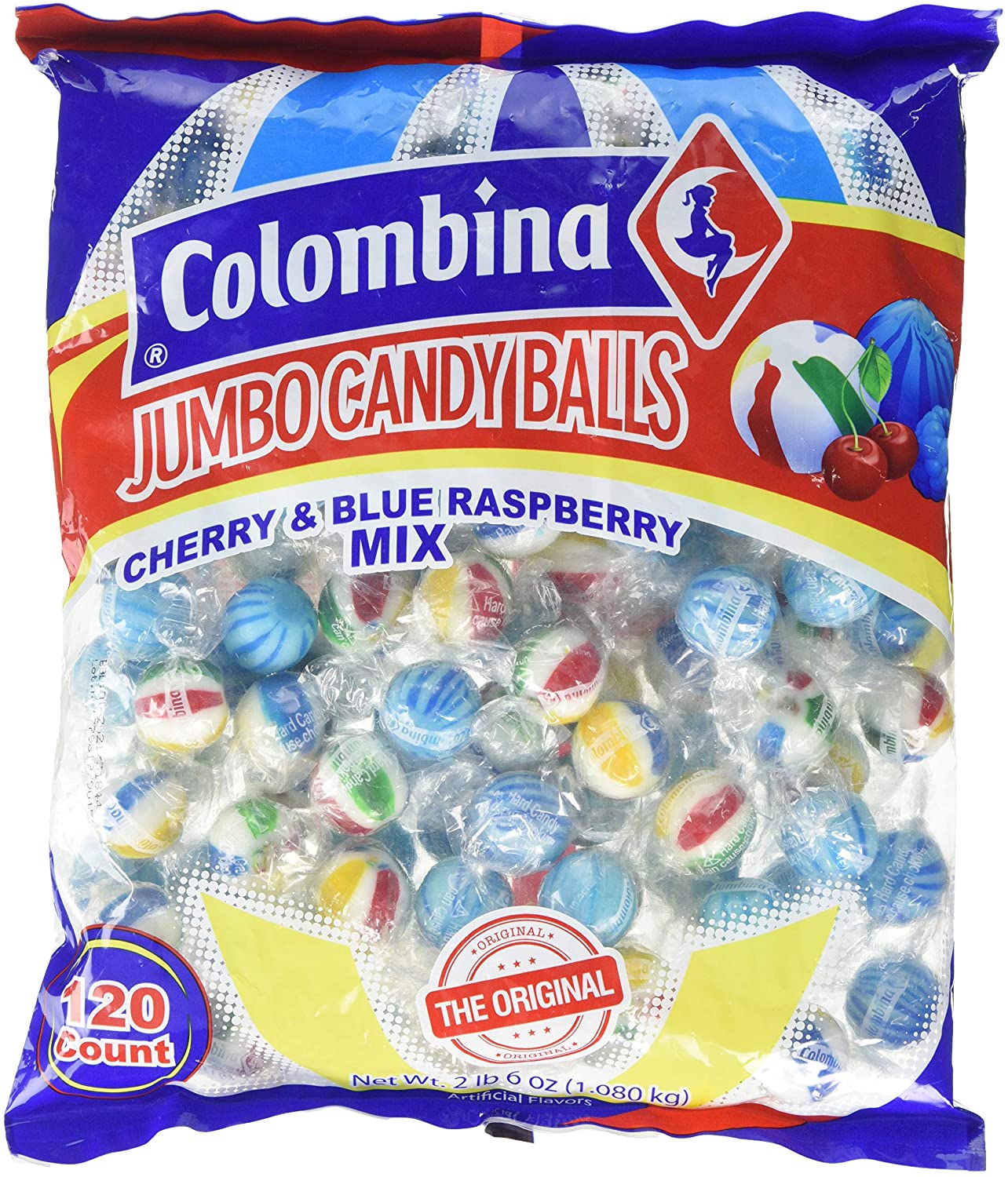 MASColombina Jumbo Candy Balls Cherry & Blue Raspberry ?120 count Box of 16-Fd