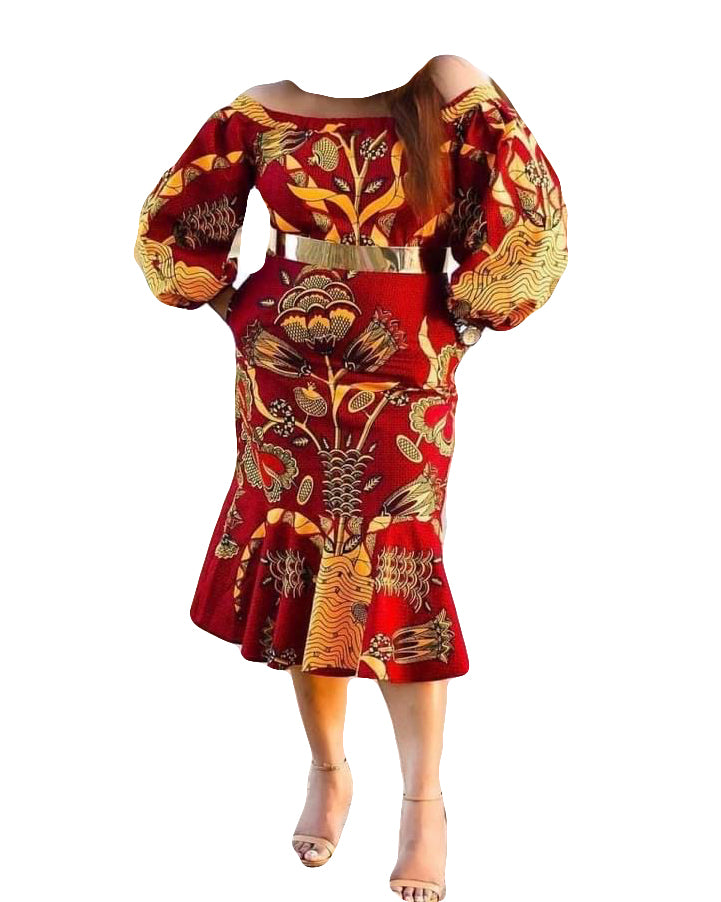 African Women Casual long Golden Over Red  Flowers Print Trendy Dress