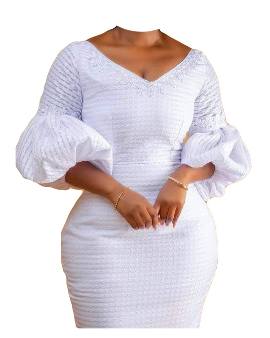 African Women Trendy Wear Solid White V Neck Bodycon Ruffle Sleeve Outfit
