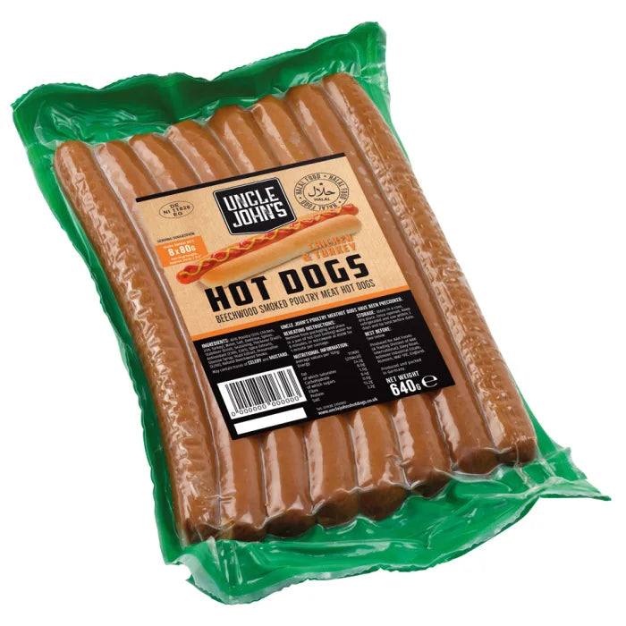 Uncle Johns Halal Chicken and Turkey Hot Dogs 8 x 80g-Food