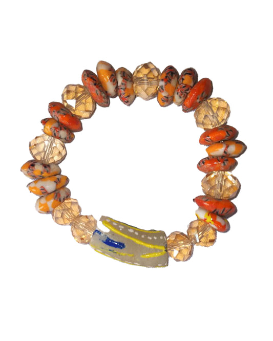 African Handicraft Beaded Tribal Art Unique Design Golden & Red Stone  Bracelet