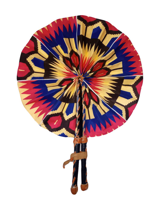 African Tribal art Wooden Handmade Blue Red Orange African fabric folding fans