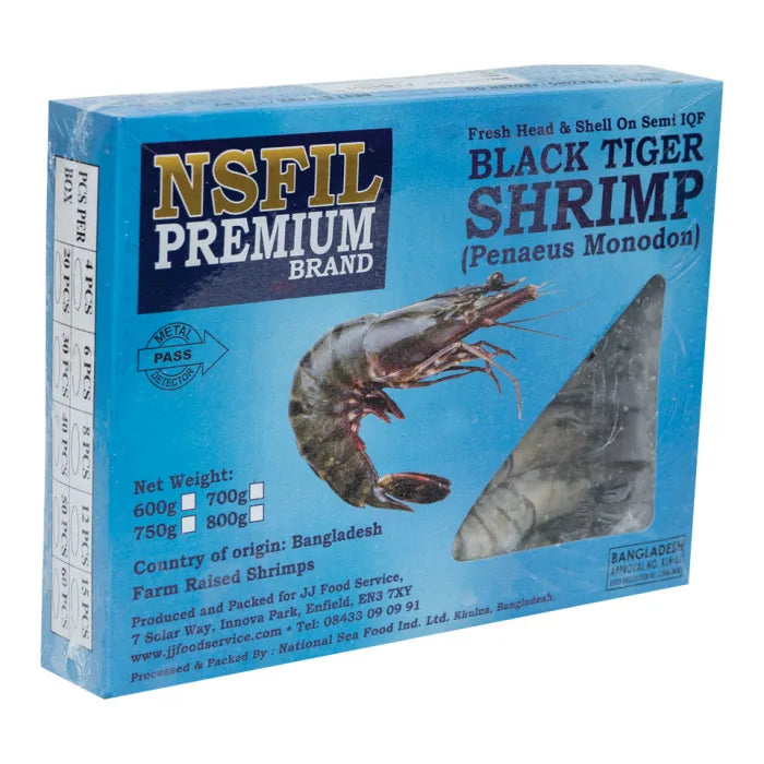 MASNSFIL Premium Semi - IQF Raw HOSO Black Tiger Prawns(16/20, 750g net)-1kg-Food