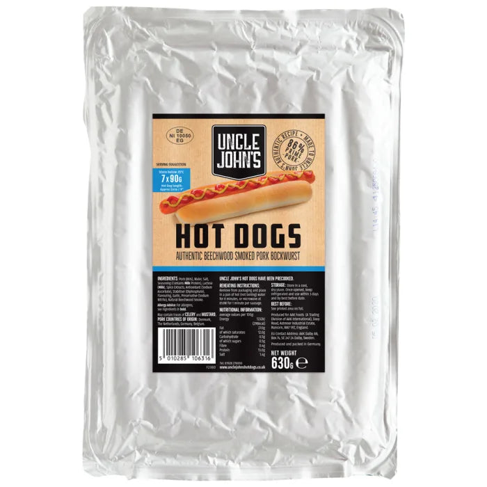 Uncle Johns Premium Beechwood Smoked 9" Bockwurst Hot Dogs 7 x 90g-Food